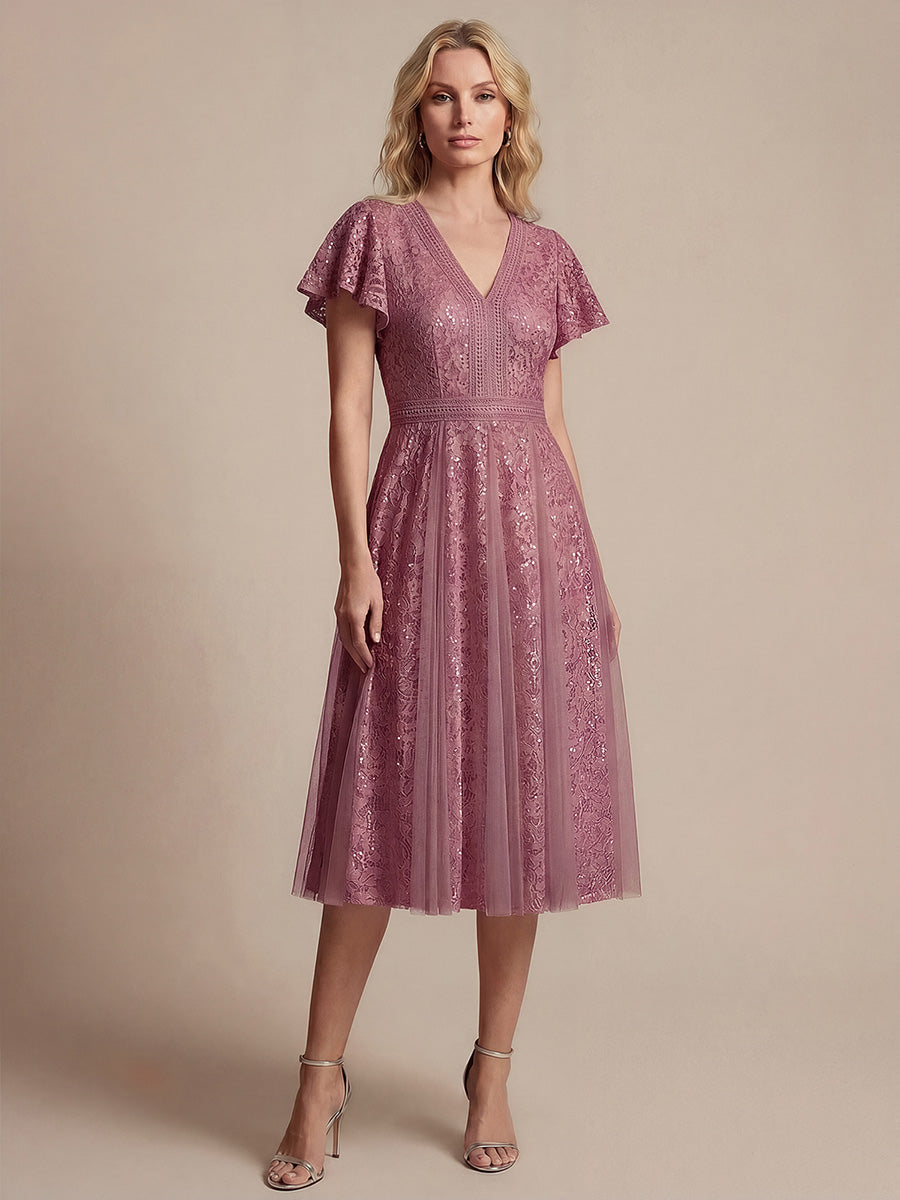 robe midi évasée en tulle avec manches courtes décolleté en V et volants #Couleur_Orchidee