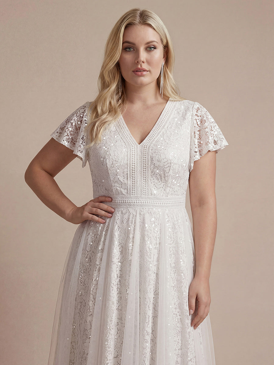 robe midi évasée en tulle avec manches courtes décolleté en V et volants #Couleur_Blanc
