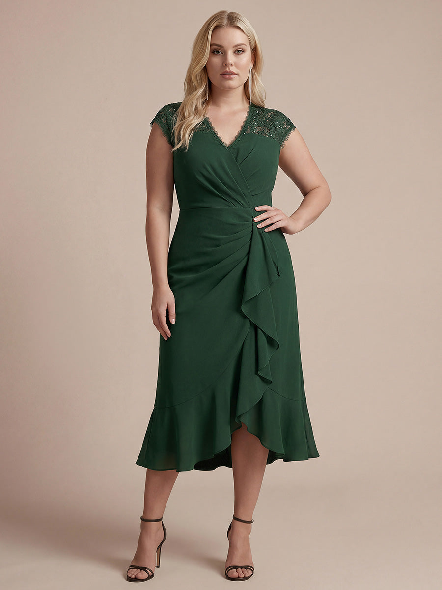 robe midi sirène à volants en sequins à manches courtes avec décolleté croisé #Couleur_Vert Fonce