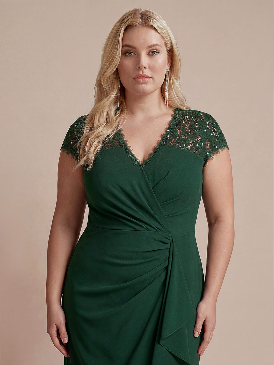 robe midi sirène à volants en sequins à manches courtes avec décolleté croisé #Couleur_Vert Fonce