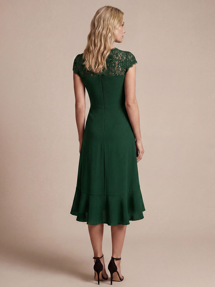 robe midi sirène à volants en sequins à manches courtes avec décolleté croisé #Couleur_Vert Fonce