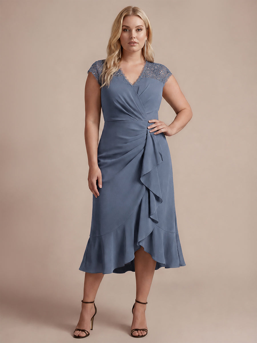robe midi sirène à volants en sequins à manches courtes avec décolleté croisé #Couleur_Marine Fume