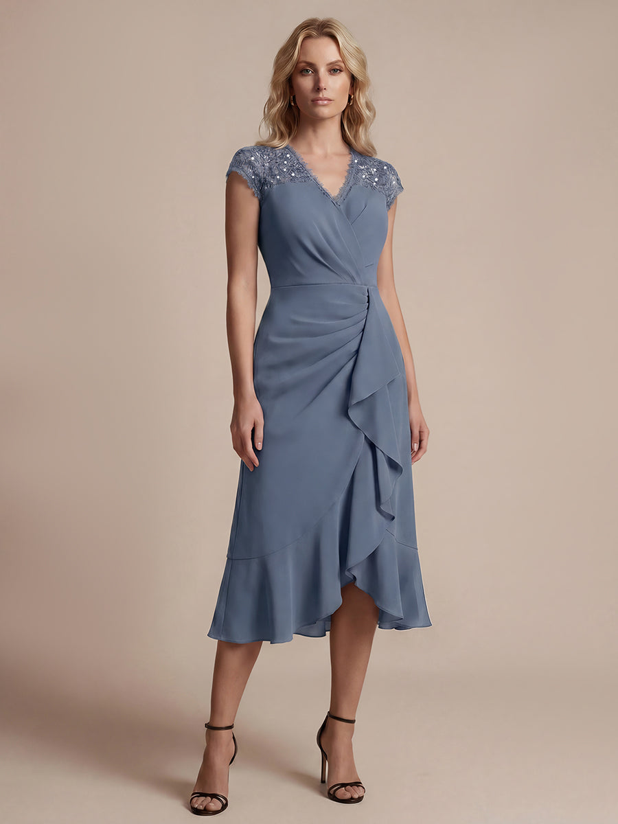 robe midi sirène à volants en sequins à manches courtes avec décolleté croisé #Couleur_Marine Fume