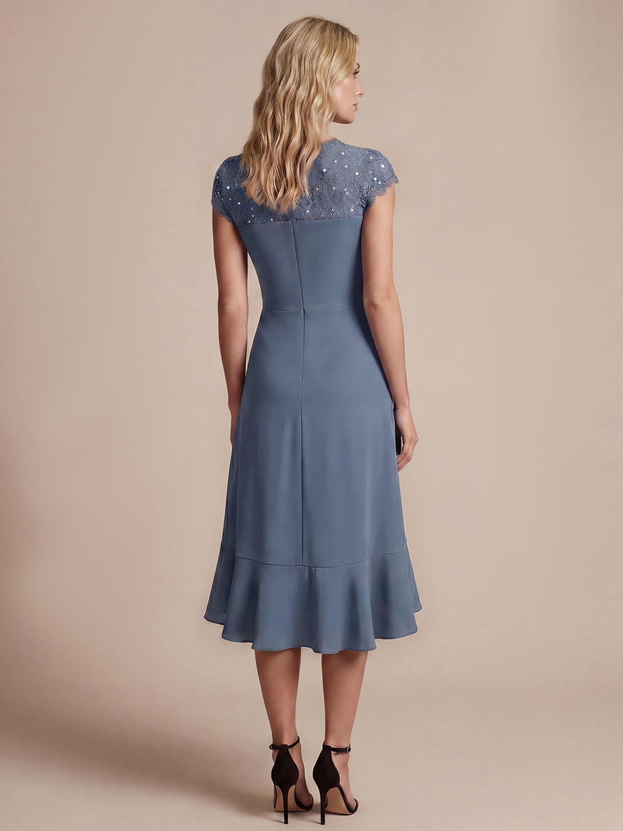 robe midi sirène à volants en sequins à manches courtes avec décolleté croisé #Couleur_Marine Fume