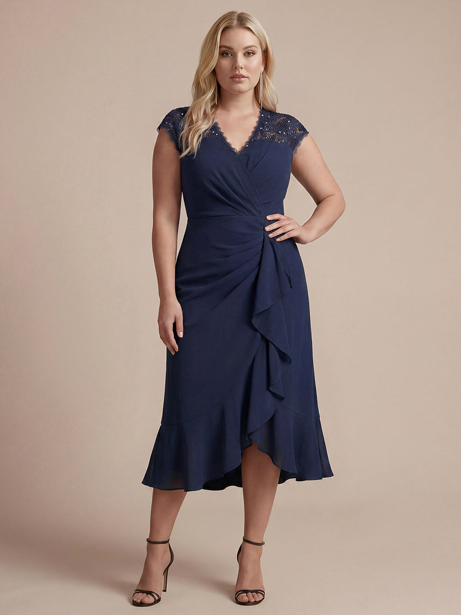 robe midi sirène à volants en sequins à manches courtes avec décolleté croisé #Couleur_Bleu Marine