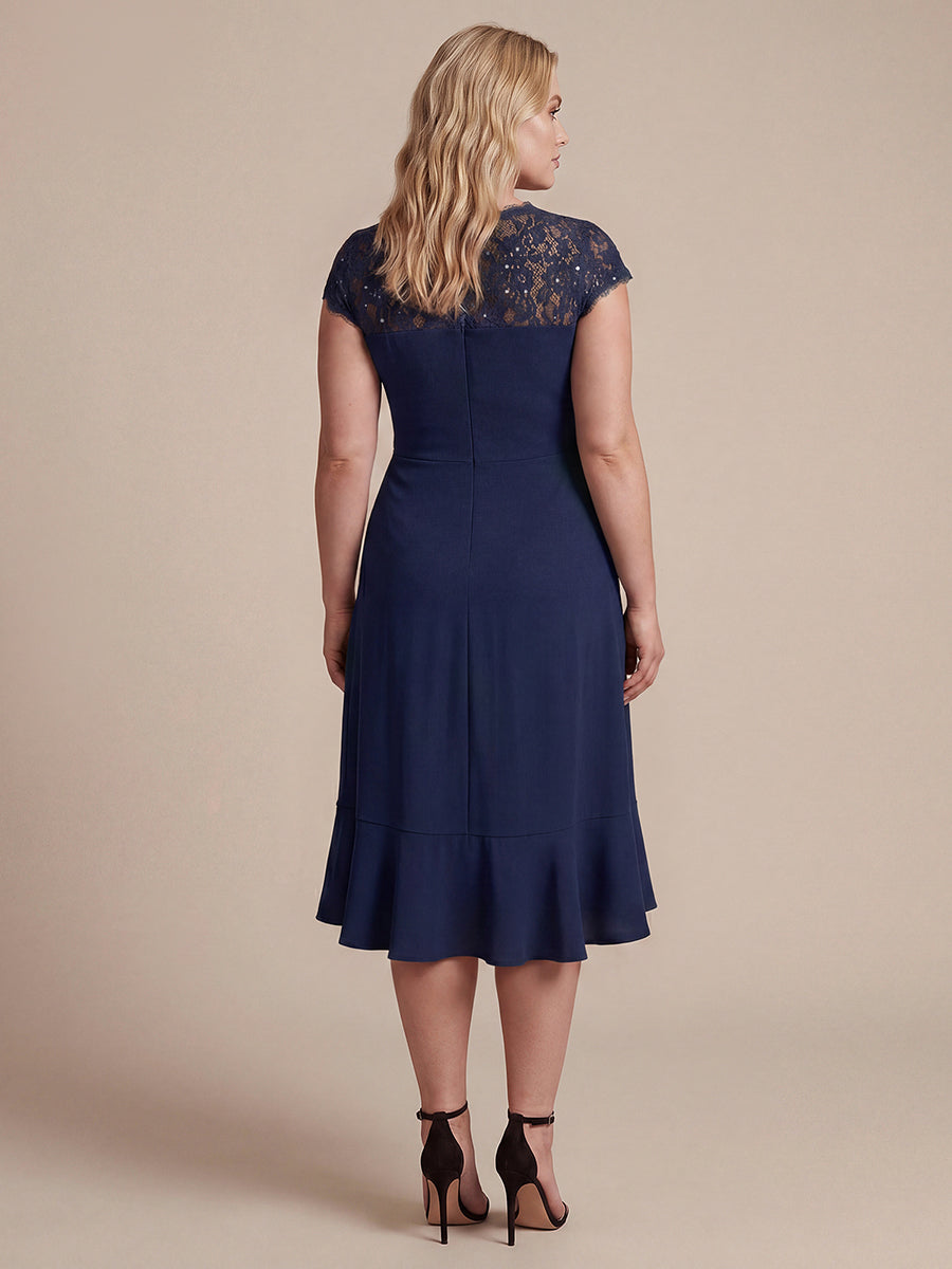 robe midi sirène à volants en sequins à manches courtes avec décolleté croisé #Couleur_Bleu Marine