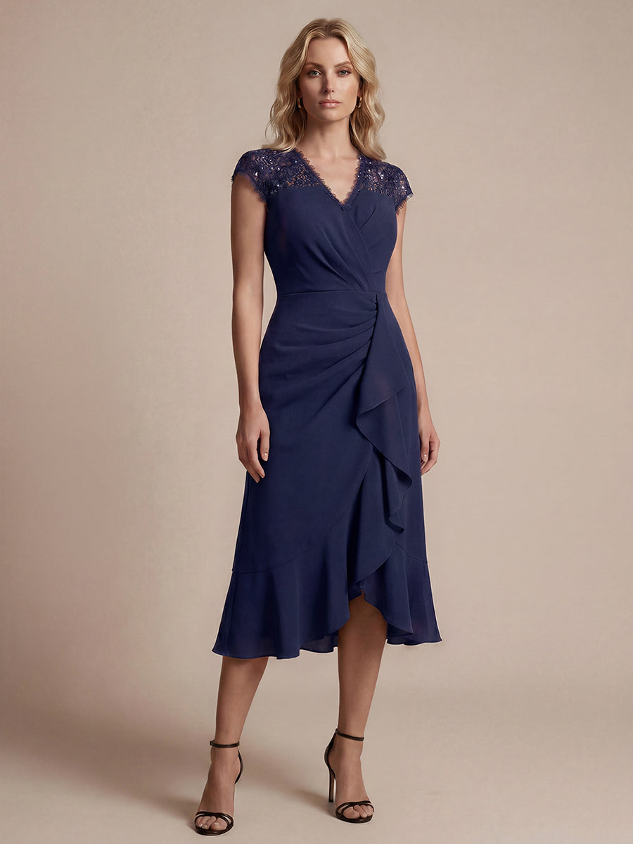 robe midi sirène à volants en sequins à manches courtes avec décolleté croisé #Couleur_Bleu Marine