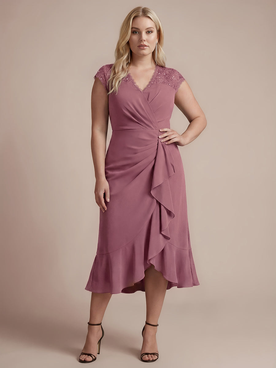 robe midi sirène à volants en sequins à manches courtes avec décolleté croisé #Couleur_Orchidee