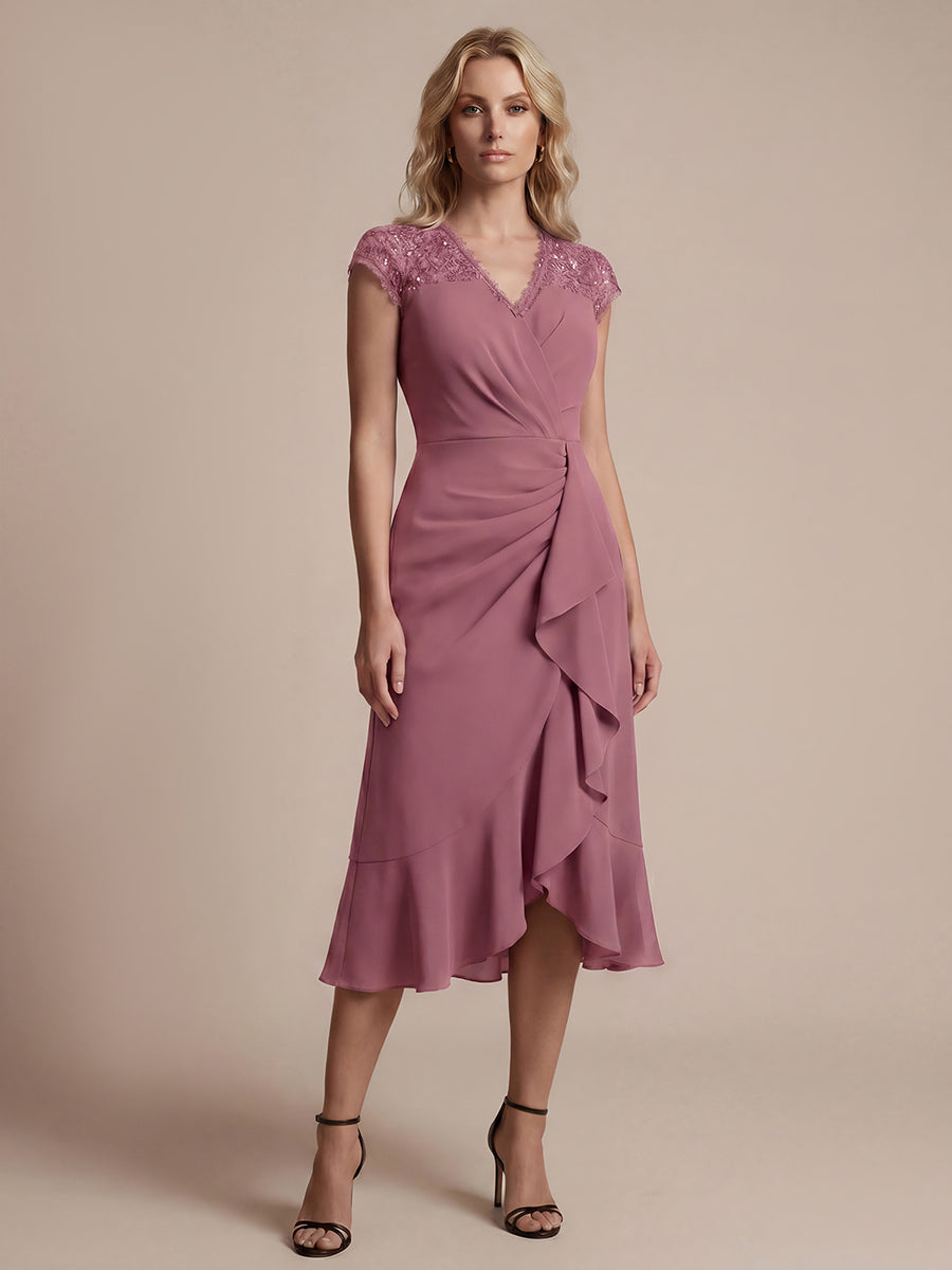 robe midi sirène à volants en sequins à manches courtes avec décolleté croisé #Couleur_Orchidee