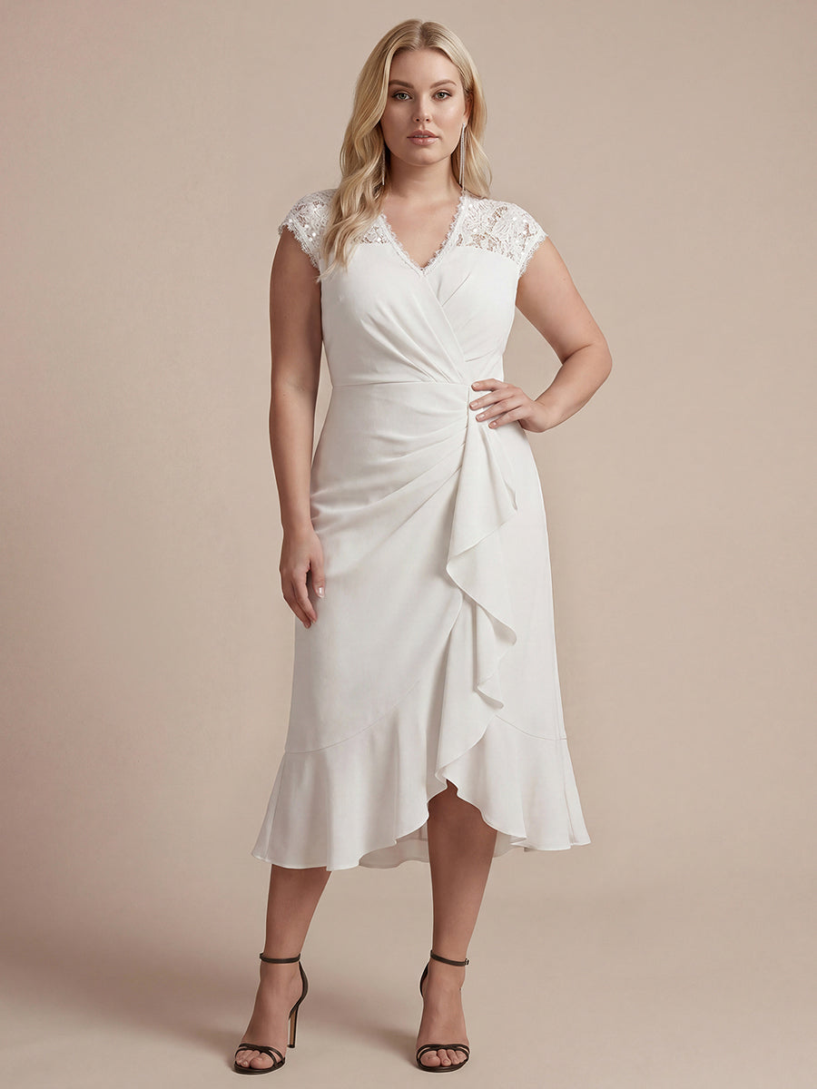 robe midi sirène à volants en sequins à manches courtes avec décolleté croisé #Couleur_Blanc