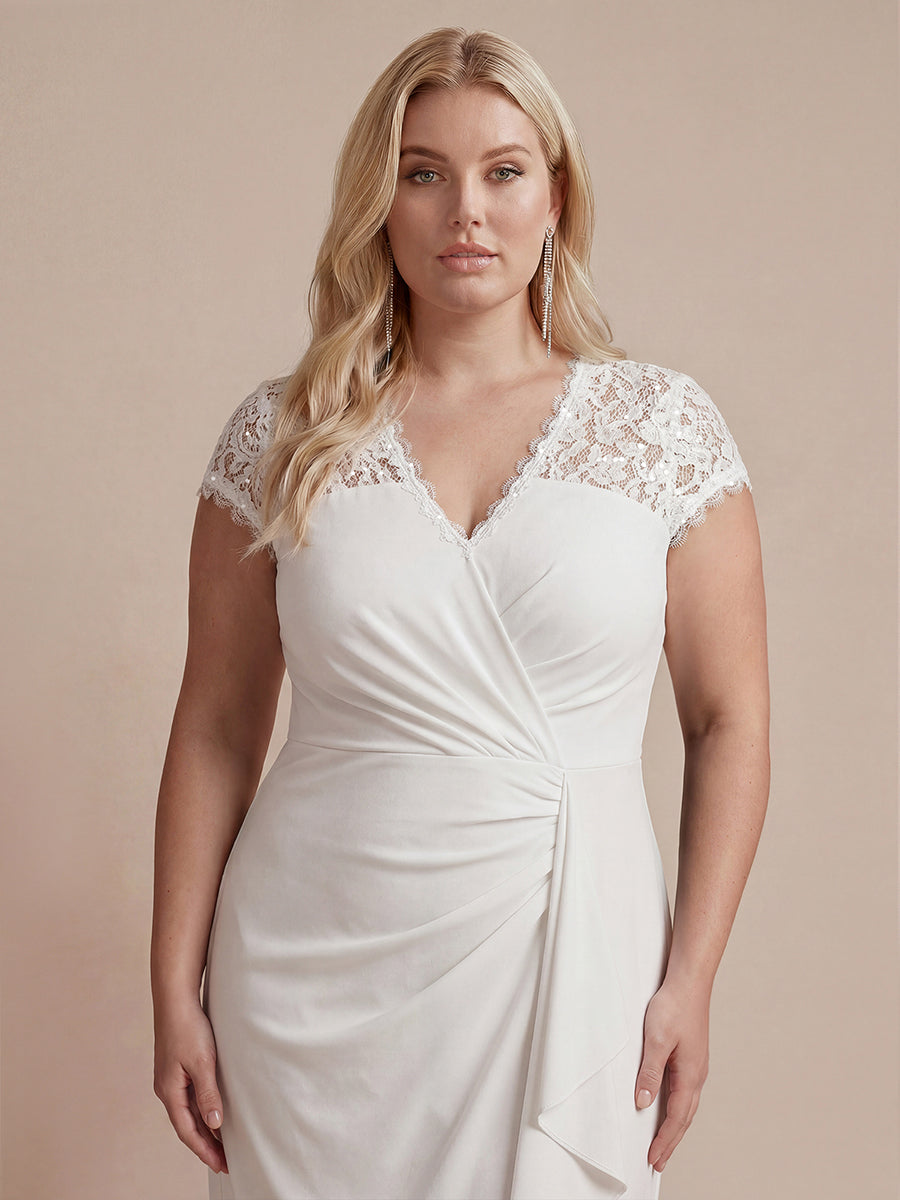 robe midi sirène à volants en sequins à manches courtes avec décolleté croisé #Couleur_Blanc