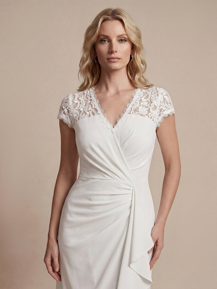 robe midi sirène à volants en sequins à manches courtes avec décolleté croisé #Couleur_Blanc
