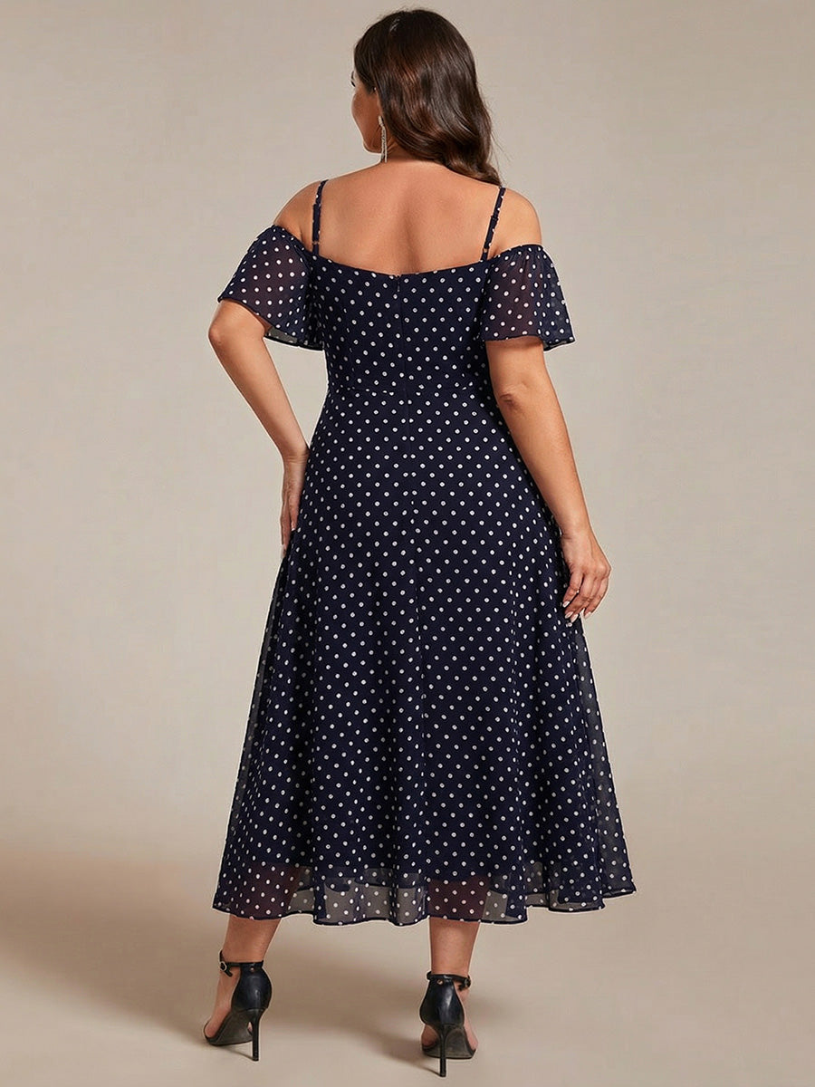 Robes d'invitées de mariage en mousseline épaules dénudées hautes et basses manches courtes #Couleur_Pois Noirs