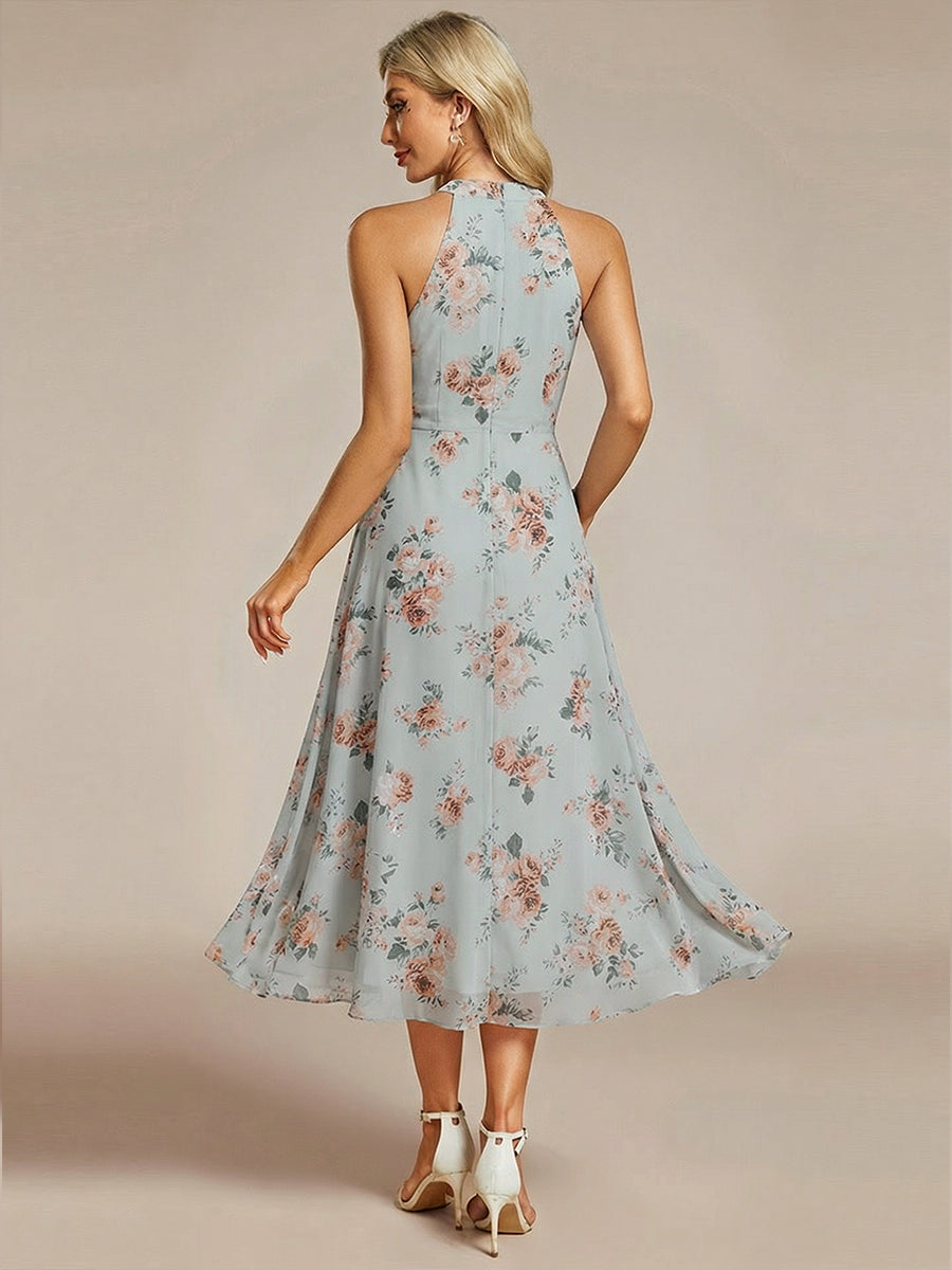 Robe d'invité de mariage mi-longue sans manches et col licou en mousseline de soie #Couleur_Floraison Ambrée
