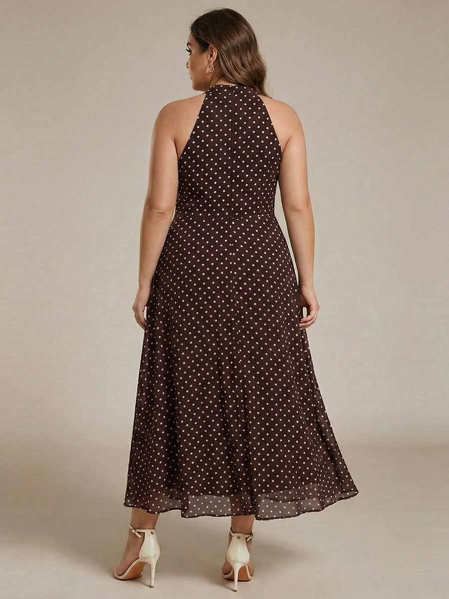 Robe d'invité de mariage mi-longue sans manches et col licou en mousseline de soie #Couleur_Pois Marrons