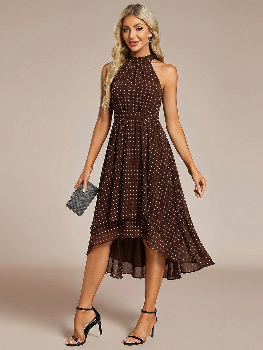 Robe d'invité de mariage mi-longue sans manches et col licou en mousseline de soie #Couleur_Pois Marrons