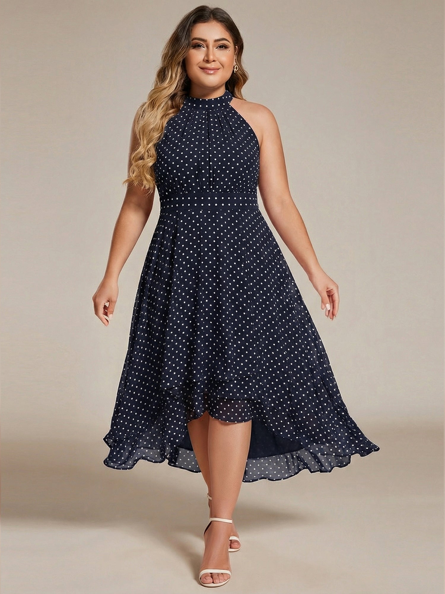 Robe d'invité de mariage mi-longue sans manches et col licou en mousseline de soie #Couleur_Pois Noirs