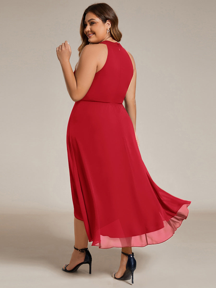 Robe D'invité De Mariage En Mousseline De Soie Mi-Longue Plissée à Manches à Volants Et Col En V #Couleur_Rouge