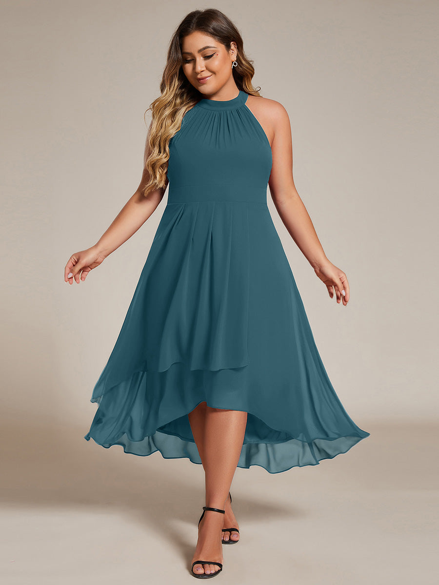 Robe d'invité de mariage mi-longue sans manches et col licou en mousseline de soie #Couleur_Bleu Sarcelle