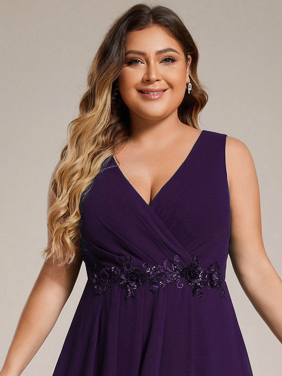 Robe d'invité de mariage haute-basse en mousseline de soie sans manches de grande taille avec applique à la taille #Couleur_Violet Fonce