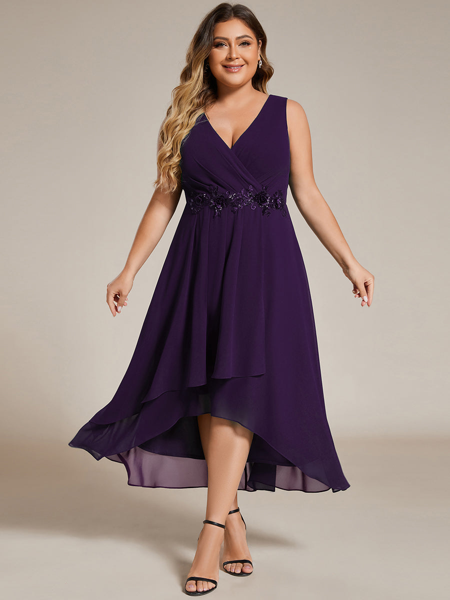 Robe d'invité de mariage haute-basse en mousseline de soie sans manches avec applique à la taille #Couleur_Violet Fonce