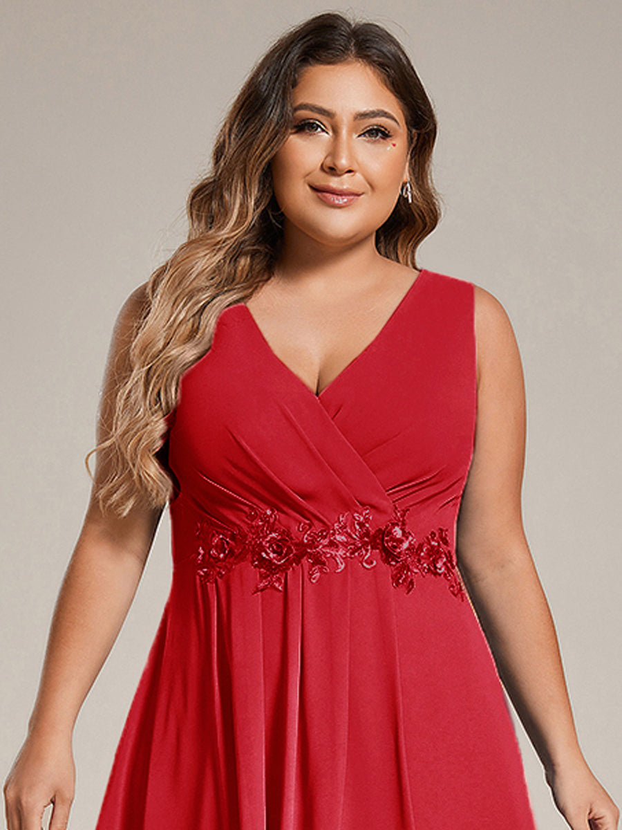 Robe d'invité de mariage haute-basse en mousseline de soie sans manches de grande taille avec applique à la taille #Couleur_Rouge