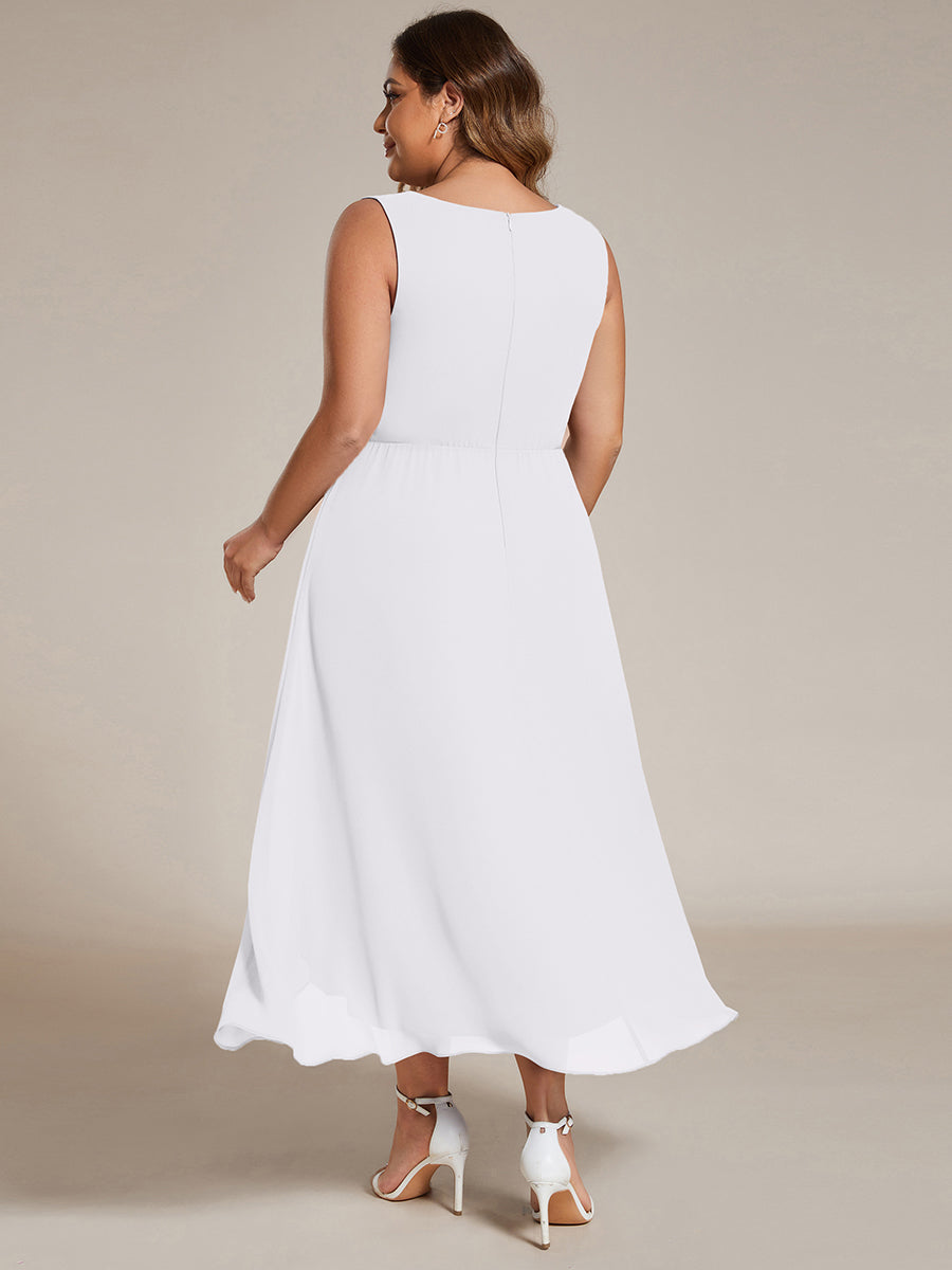 Robe d'invité de mariage haute-basse en mousseline de soie sans manches avec applique à la taille #Couleur_Blanc
