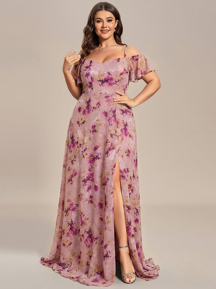 Robe d'invité de mariage trapèze en mousseline fluide à encolure ronde et longueur au genou #Couleur_Imprimé Violet Clair