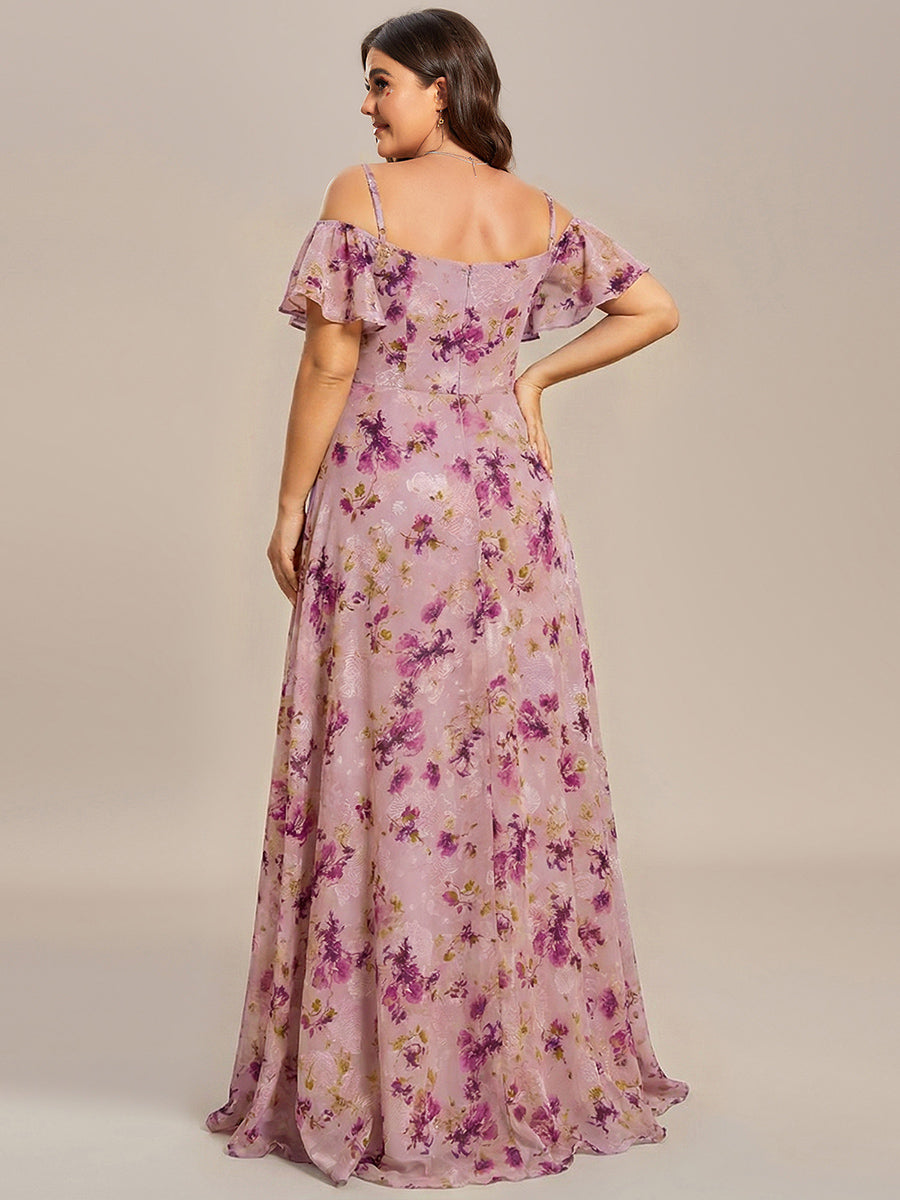 Robe d'invité de mariage trapèze en mousseline fluide à encolure ronde et longueur au genou #Couleur_Imprimé Violet Clair