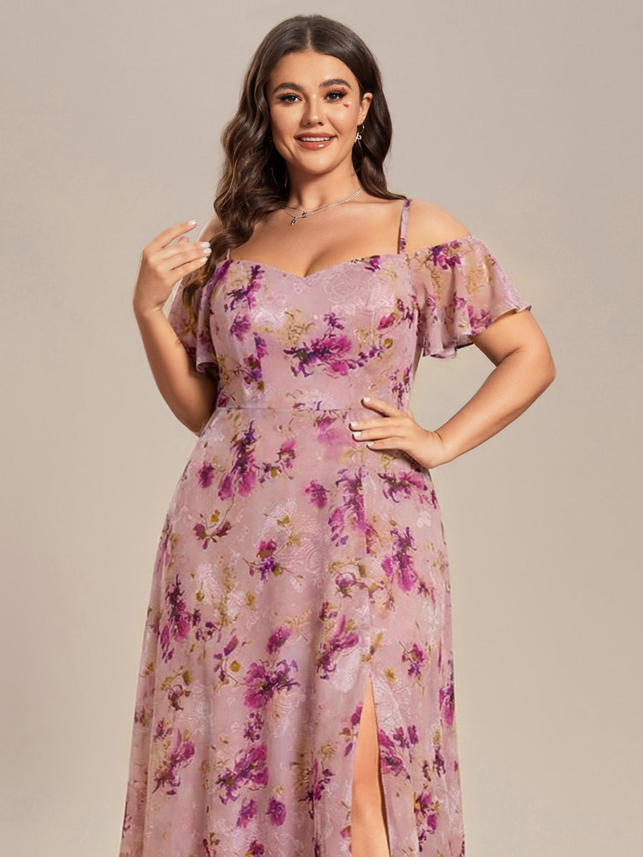 Robe d'invité de mariage trapèze en mousseline fluide à encolure ronde et longueur au genou #Couleur_Imprimé Violet Clair