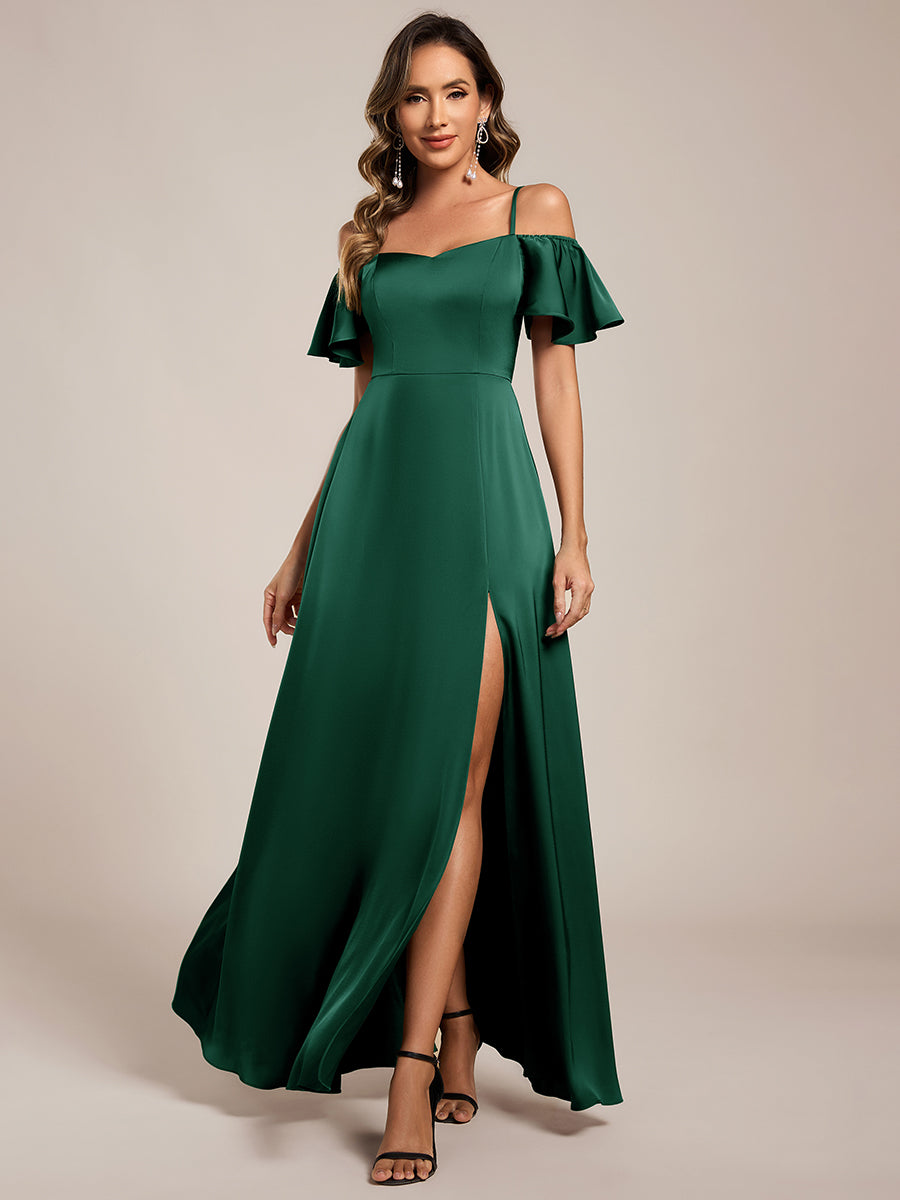 Robe de demoiselle d'honneur en satin à manches courtes et épaules dénudées #Couleur_Vert Fonce