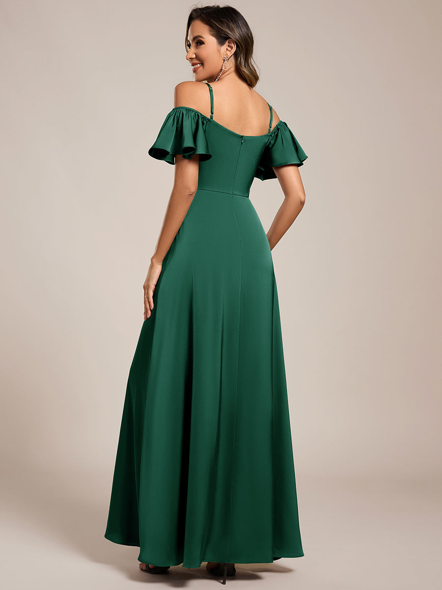 Robe de demoiselle d'honneur en satin à manches courtes et épaules dénudées #Couleur_Vert Fonce
