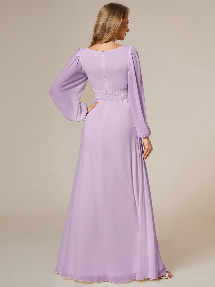 Robe D'invité De Mariage En Mousseline De Soie Mi-Longue Plissée à Manches à Volants Et Col En V #Couleur_Lilas Givré