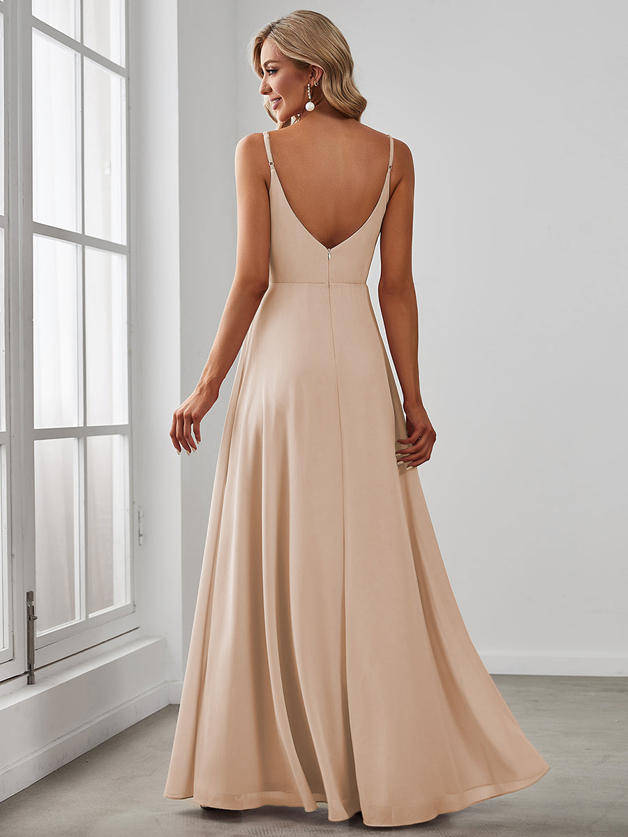 Robe d'invité de mariage trapèze en mousseline fluide à encolure ronde et longueur au genou #Couleur_Blush