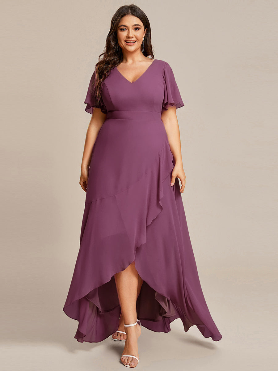Robe demoiselle d'honneur Superbe mousseline Manches volantées à ourlet lotus #Couleur_Fuchsia Prune Foncée
