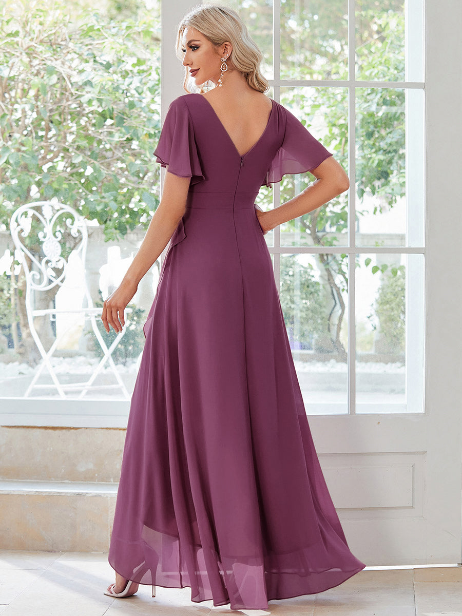 Robe demoiselle d'honneur Superbe mousseline Manches volantées à ourlet lotus #Couleur_Fuchsia Prune Foncée