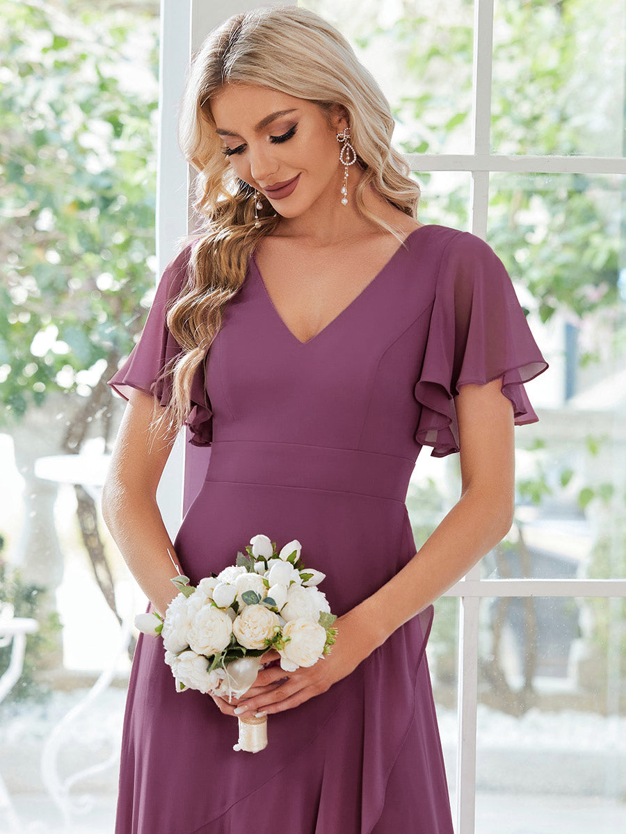 Robe demoiselle d'honneur Superbe mousseline Manches volantées à ourlet lotus #Couleur_Fuchsia Prune Foncée