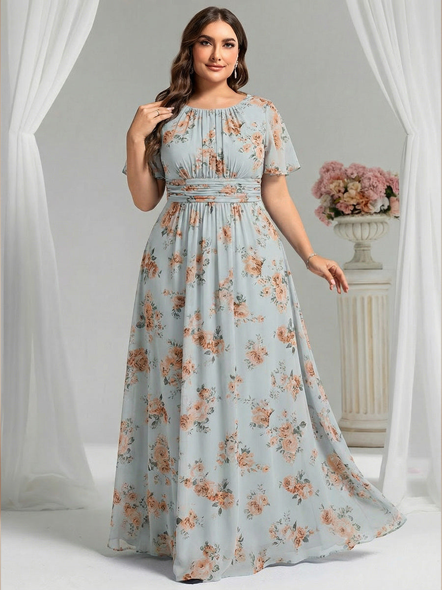 robe longue à manches courtes avec volants et plis en forme de A #Couleur_Floraison Ambrée