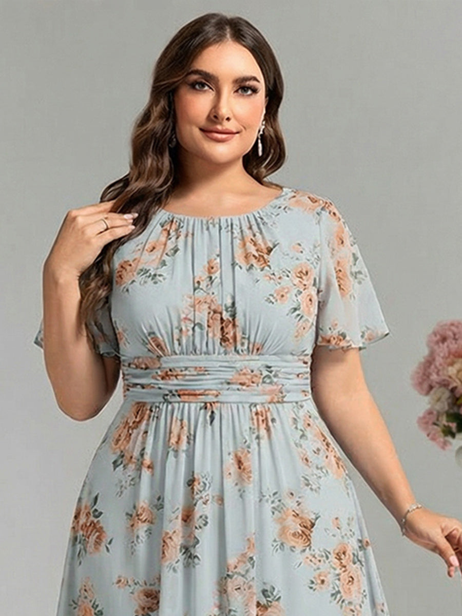 robe longue à manches courtes avec volants et plis en forme de A #Couleur_Floraison Ambrée