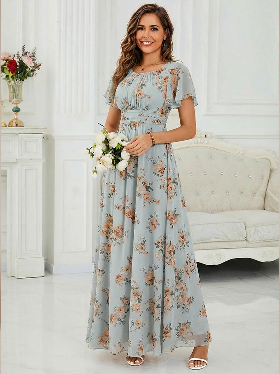 robe longue à manches courtes avec volants et plis en forme de A #Couleur_Floraison Ambrée