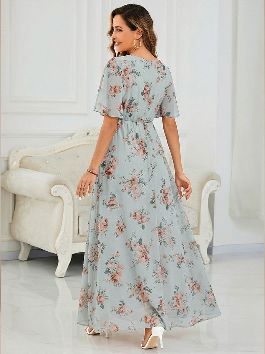 robe longue à manches courtes avec volants et plis en forme de A #Couleur_Floraison Ambrée
