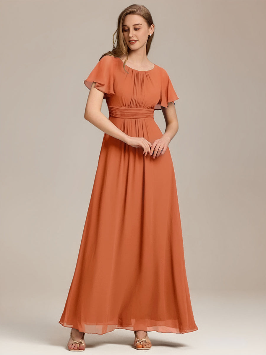 Robe de demoiselle d'honneur trapèze plissée en mousseline de soie simple, encolure ronde #Couleur_Teal Melon Ambré