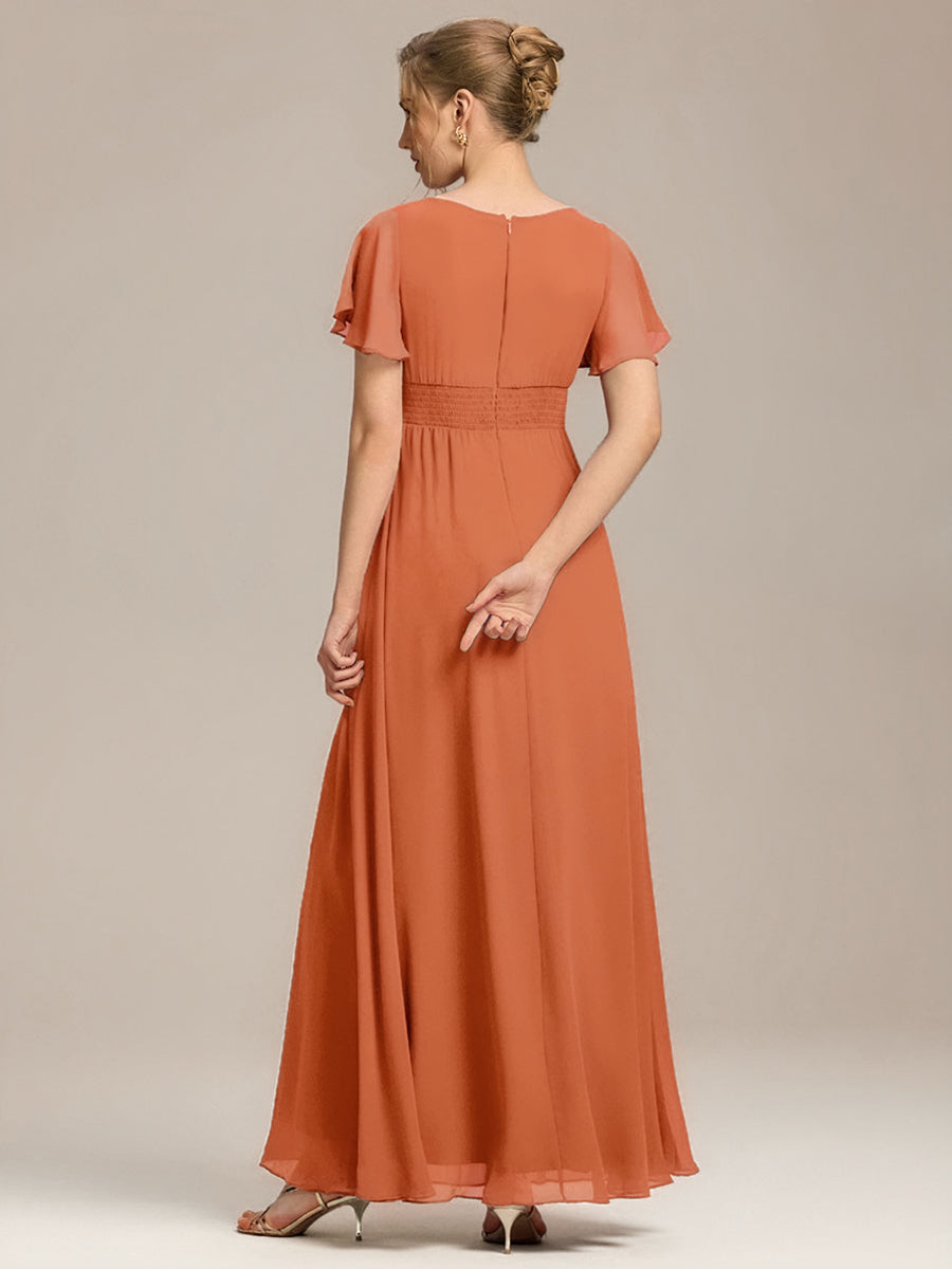 Robe de demoiselle d'honneur trapèze plissée en mousseline de soie simple, encolure ronde #Couleur_Teal Melon Ambré