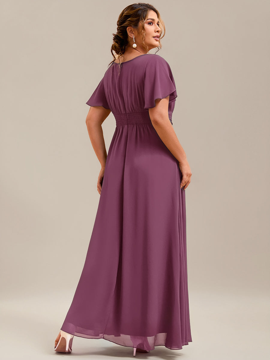 Robe de demoiselle d'honneur trapèze plissée en mousseline de soie simple, encolure ronde #Couleur_Teal Prune Foncée