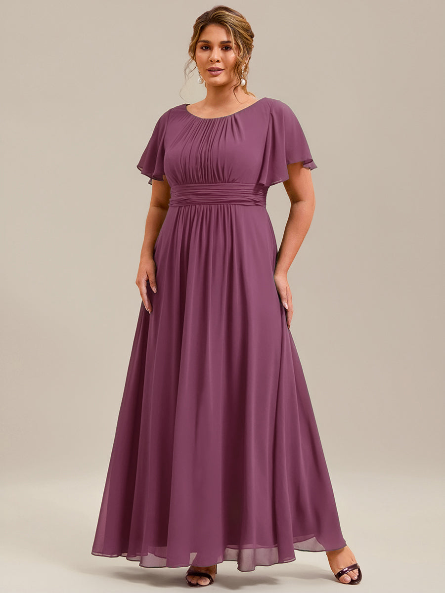 Robe de demoiselle d'honneur trapèze plissée en mousseline de soie simple, encolure ronde #Couleur_Teal Prune Foncée