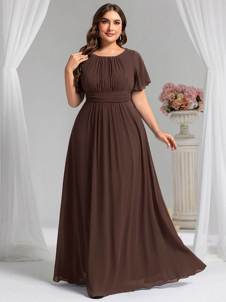 Robe de demoiselle d'honneur trapèze plissée en mousseline de soie simple, encolure ronde #Couleur_Teal Marron Espresso