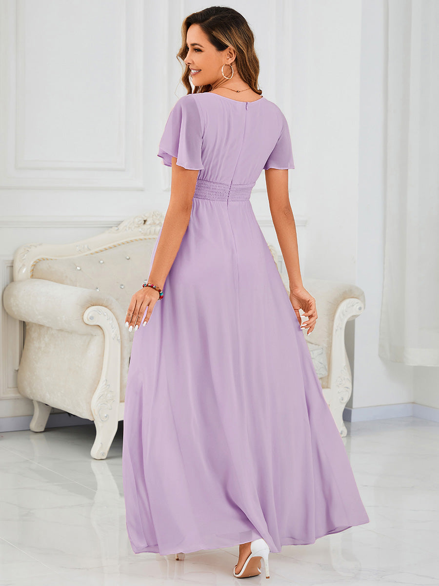 Robe de demoiselle d'honneur trapèze plissée en mousseline de soie simple, encolure ronde #Couleur_Lilas Givré