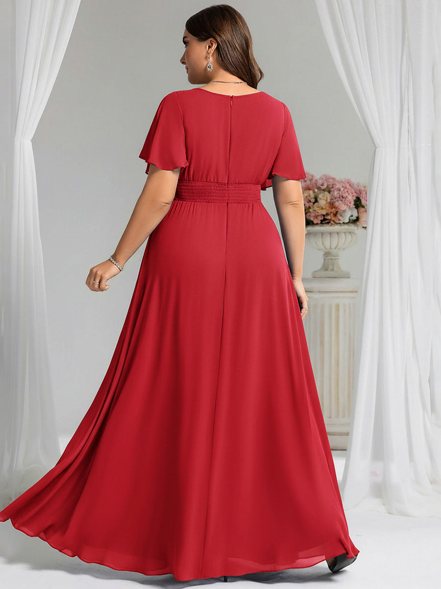 Robe de demoiselle d'honneur trapèze plissée en mousseline de soie simple, encolure ronde #Couleur_Rouge