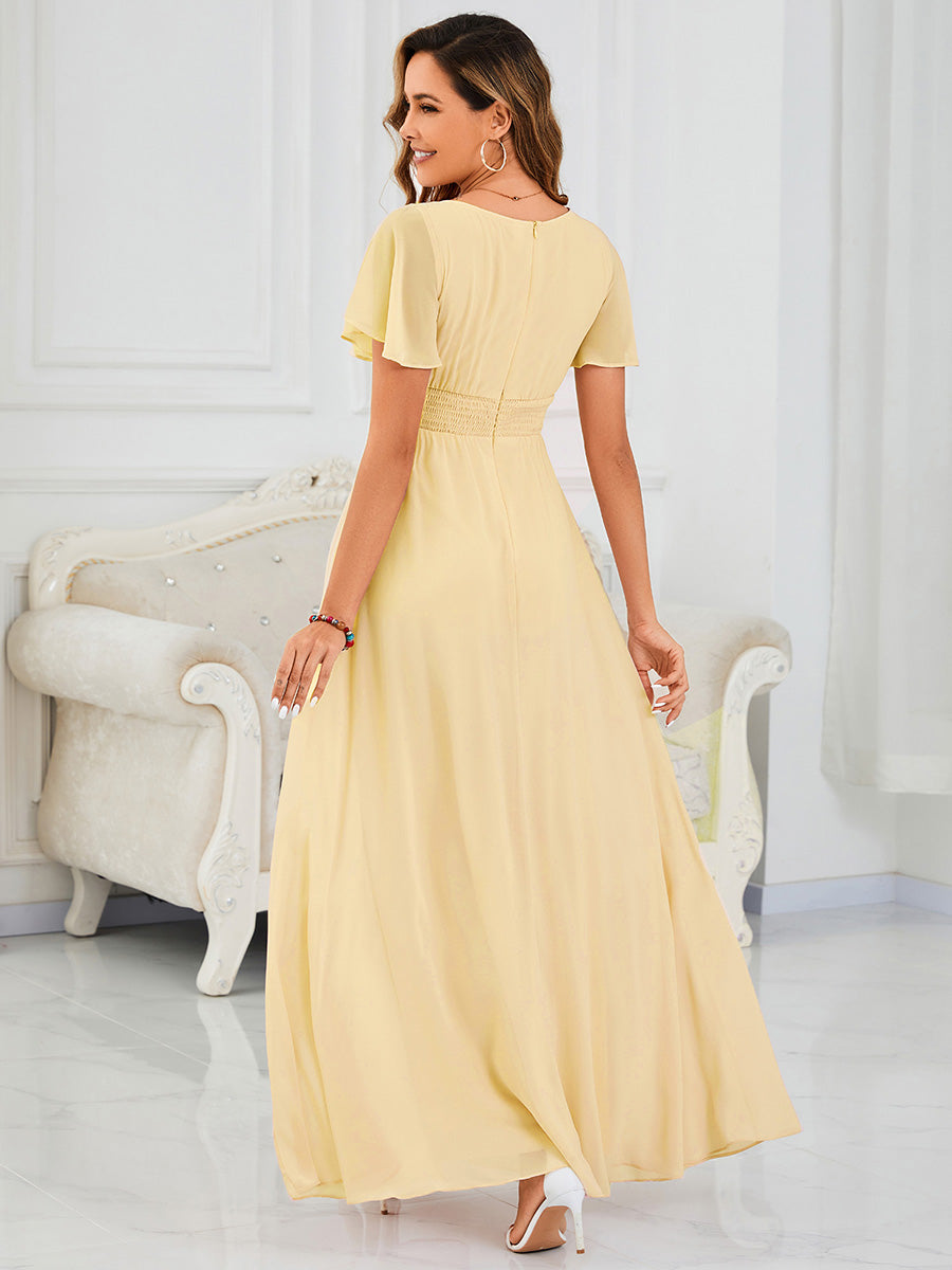 Robe de demoiselle d'honneur trapèze plissée en mousseline de soie simple, encolure ronde #Couleur_Jaune