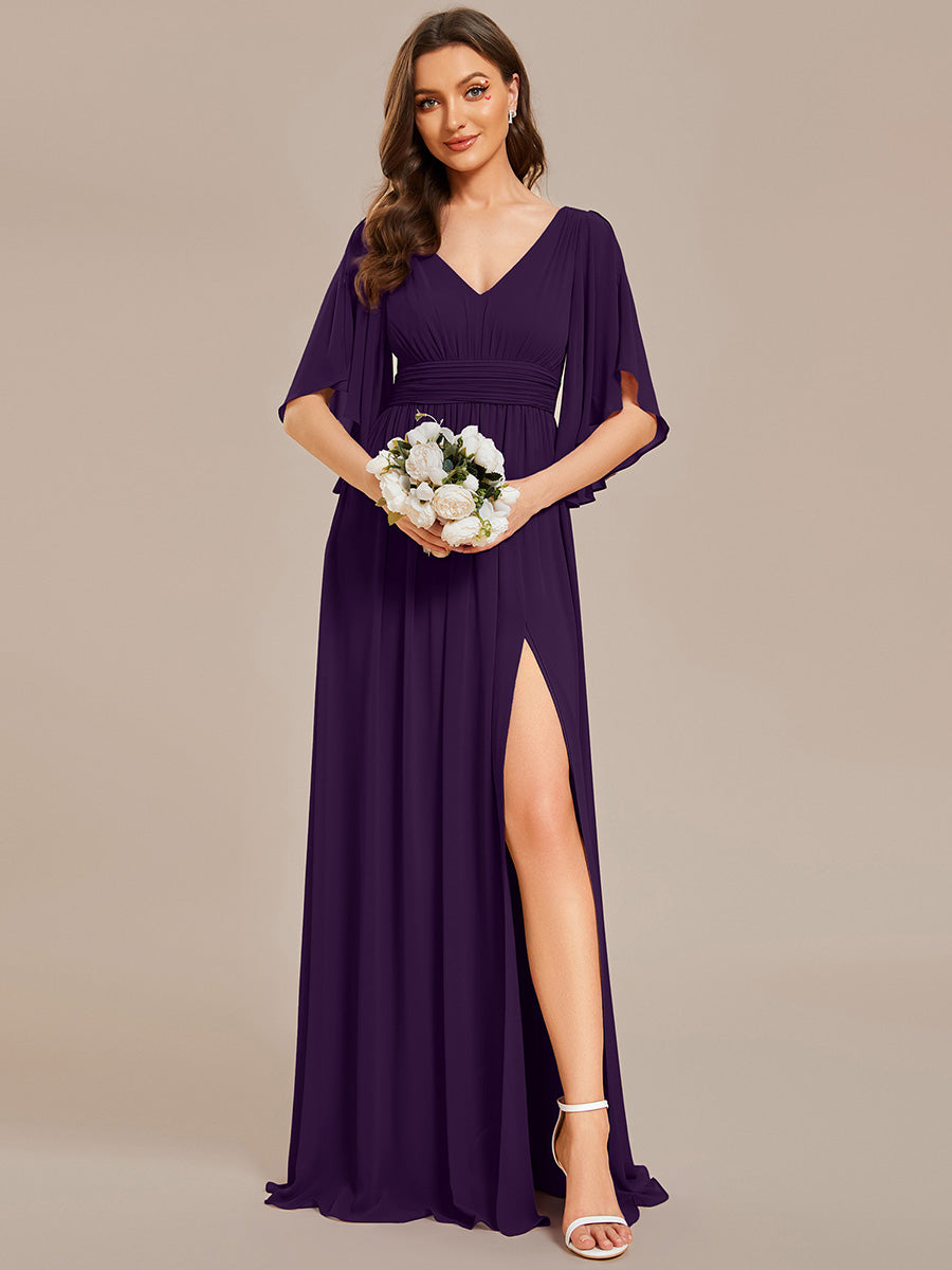 Charmante Robe De Demoiselle D'honneur Plissée À Manches Lanternes En Mousseline De Soie Et Taille Haute #Couleur_Violet Fonce